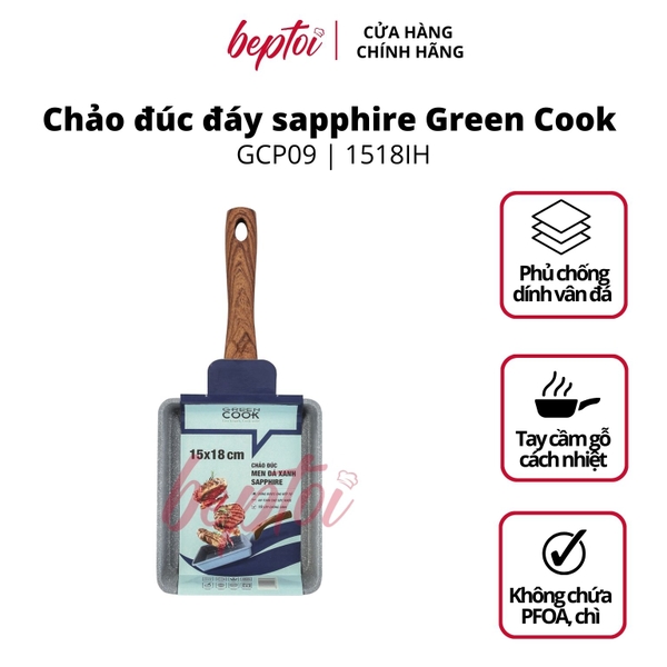 Chảo chống dính chảo đúc đáy từ chữ nhật men đá xanh sapphire Green Cook GCP09-1518IH