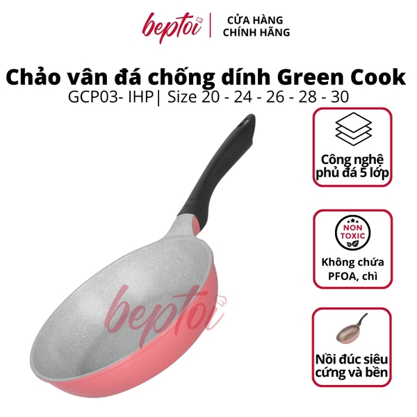 Chảo chống dính men đá ceramic đáy từ Green Cook GCP03-IHP màu hồng công nghệ 7 lớp chống dính Hàn Quốc