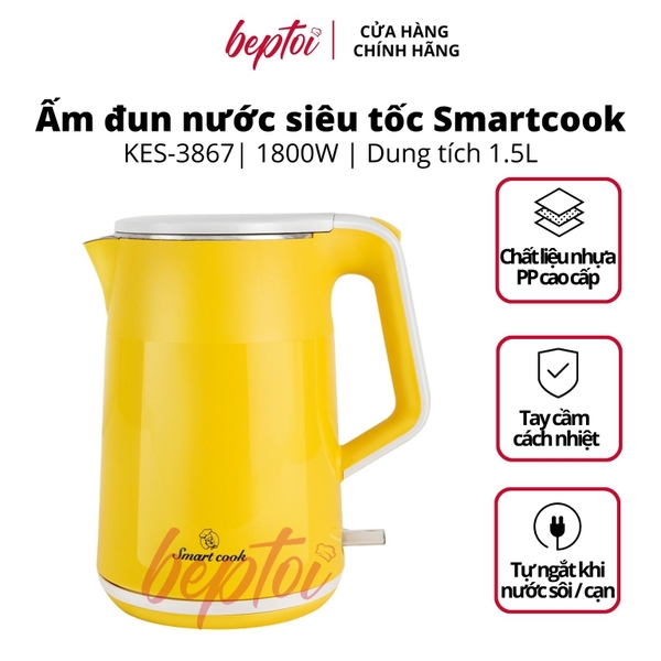 Bình đun siêu tốc, ấm siêu tốc đun nước siêu nhanh Inox 304 2 lớp chống phỏng Smartcook 1,5Lít KES-3867