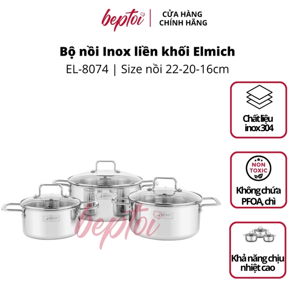 Bộ nồi bếp từ inox liền khối Elmich Trimax XR EL-8074 size 16, 20, 22cm