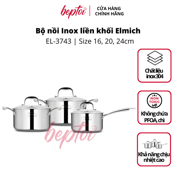 Nồi bếp từ Elmich EL-3743 bộ Inox cao cấp 3 lớp đáy liền Trimax XS EL-3743 size 16, 20, 24cm