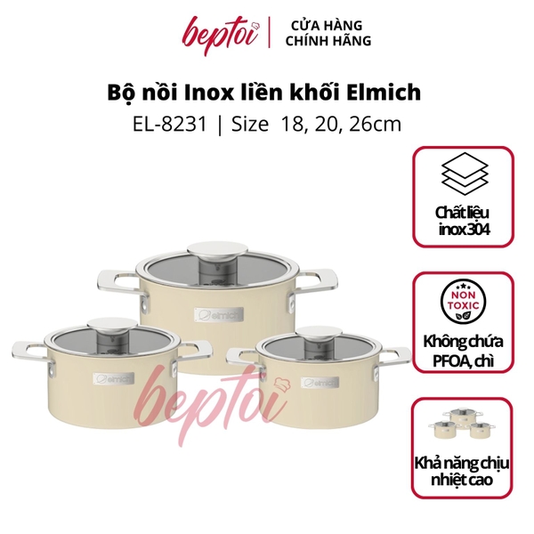 Nồi bếp từ Inox liền khối Elmich Hera EL- 8231 size 18, 20, 26cm