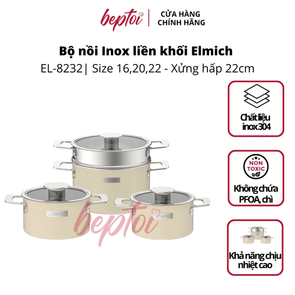 Nồi bếp từ, bộ nồi Inox liền khối Elmich EL-8232 Hera size 16,20,22 xửng hấp 22cm