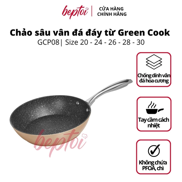 Chảo chống dính đáy từ, chảo sâu vân đá hoa cương Green Cook GCP08-IH công nghệ Hàn Quốc