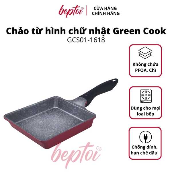 Chảo chống dính đáy từ hình chữ nhật mini phong cách Nhật Bản / Chảo chiên trứng cuộn tiện dụng chống dính Green Cook