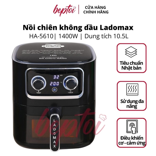 Nồi chiên không dầu dung tích 10.5 Lít, công suất 1400W, lò nướng không dầu thân trong suốt, màn hình Led Ladomax HA-5610