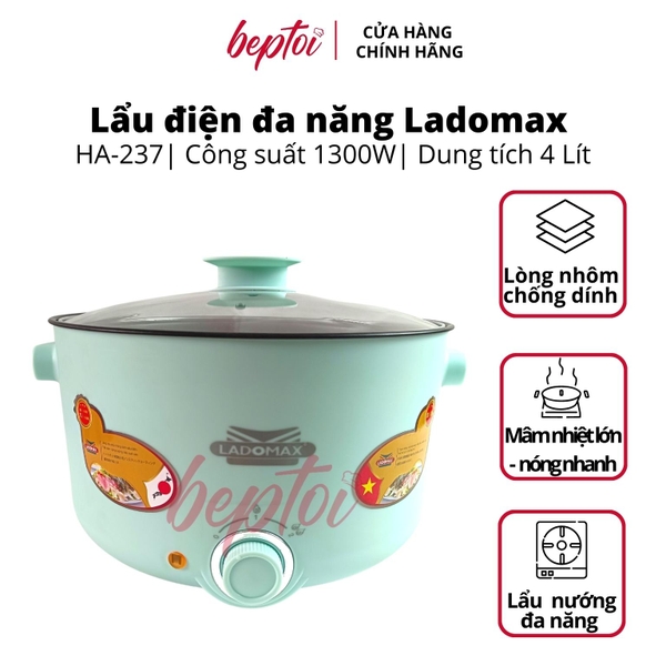 Nồi lẩu điện đa năng Ladomax, bếp lẩu điện mini dung tích 4 Lít công suất 1300W HA-237