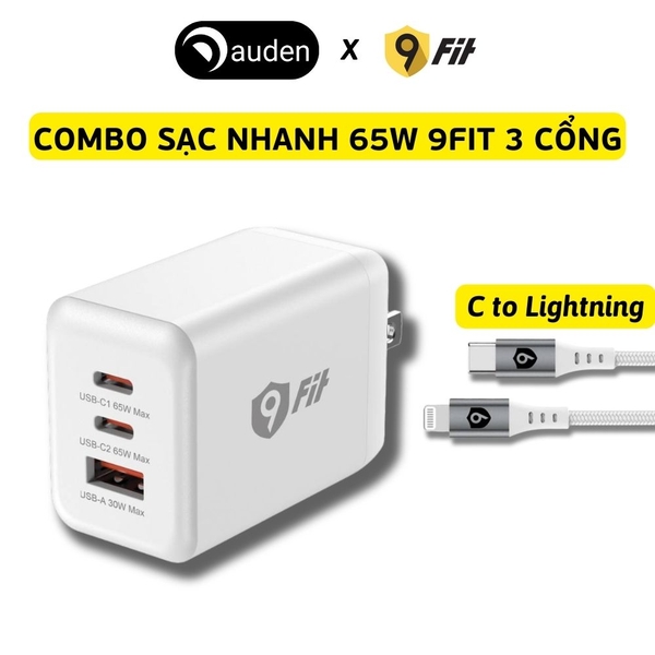 Combo sạc nhanh 9Fit Power Delivery 65W 1A2C kèm Cáp USB-C to Lightning hỗ trợ công nghệ GaN, PD màu trắng