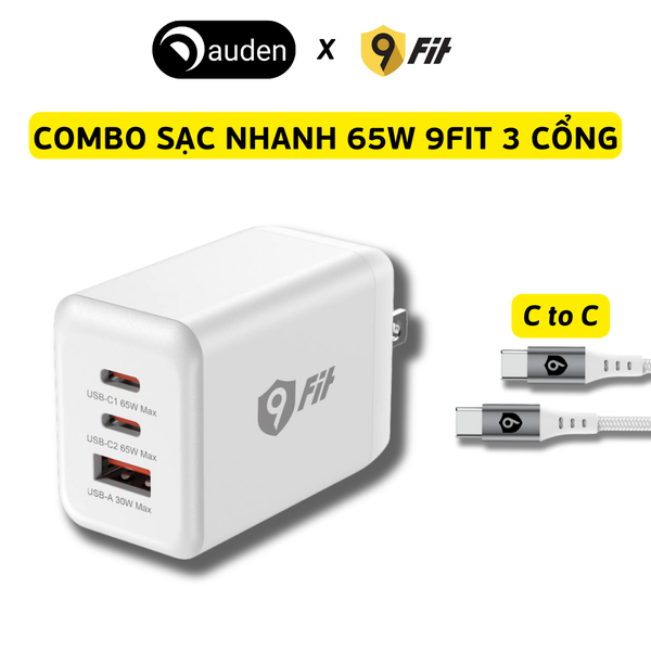 Combo sạc nhanh 9Fit Power Delivery 65W 1A2C kèm Cáp USB-C to USB-C hỗ trợ công nghệ GaN, PD, PPS màu trắng