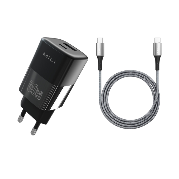 Combo sạc nhanh MiLi Power Delivery 50W GaN kèm Cáp USB-C to USB-C