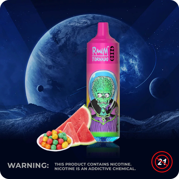 RandM Tornado 9000 puffs Watermelon Bubblegum : Kẹo gum dưa hấu | 5% (50mg) | 18ml | RGB | 850mAh | USB Type C | Disposable Vape | Chính Hãng