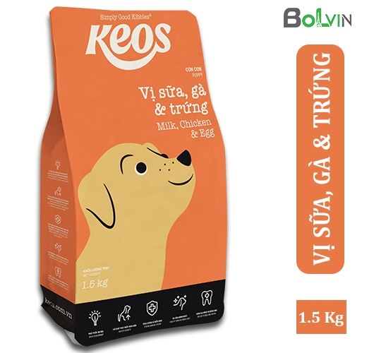 Keos pp 1.5kg (thùng 9kg 6 gói) thức ăn chó con (gà trứng sữa)