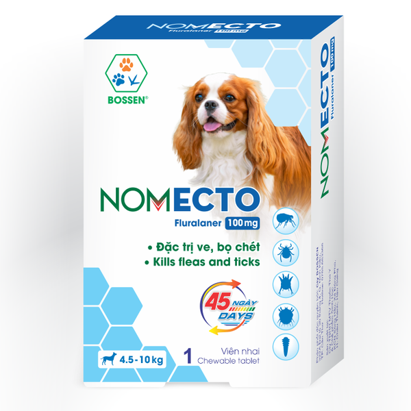Bossen - Nomecto 100mg (4.5-10kg) uống trị ve, bọ chét, ghẻ Demodex ( đơn giá hộp ) 1H1V