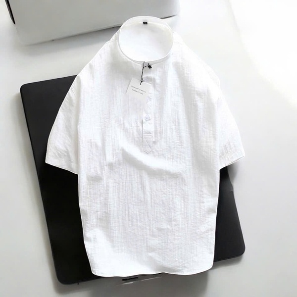 Áo Sơ Mi Tay Ngắn Vải Đũi Cổ Trụ Big Size Nam