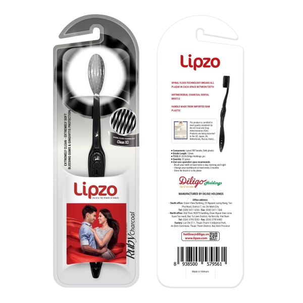 Bàn Chải Đánh Răng Lipzo Ruby Charcoal Dành Cho Nhạy Cảm Công Nghệ Chỉ Tơ Than Hoạt Tính Kháng Khuẩn Siêu Nhỏ Mềm Mảnh