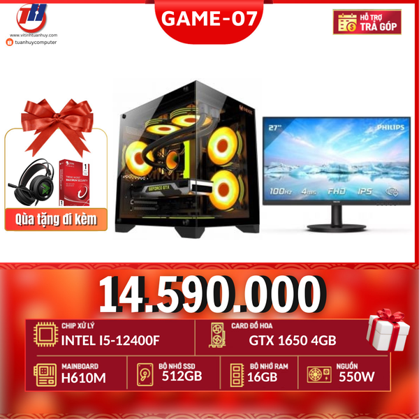 PC Game 07 i5-12400F/ VGA GTX1650 4G + Màn hình LCD 27inch + Case bễ cá