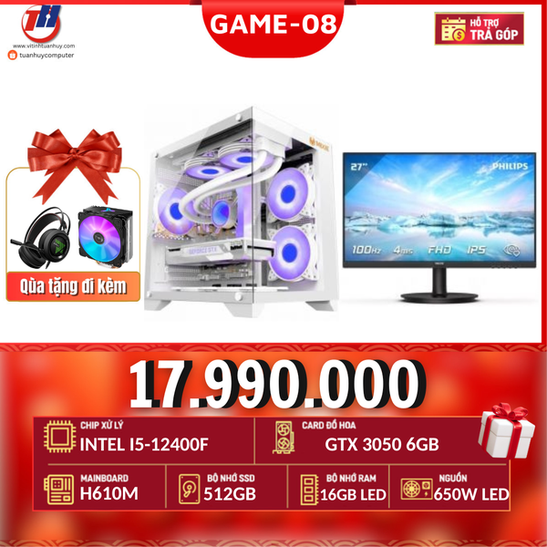 PC Game 08 i5-12400F/ VGA GTX3050 6G + Màn hình LCD 27inch + Case bễ cá trắng