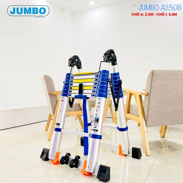 Thang rút nhôm chữ A cao cấp JUMBO A250B Cao 2.5 - 5 Mét