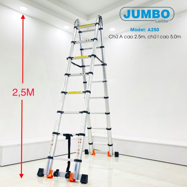 Thang rút nhôm chữ A cao cấp JUMBO A250 Cao 2.5 - 5 Mét