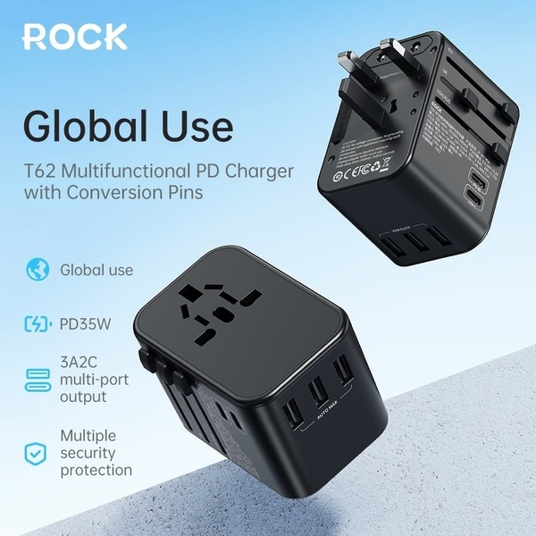 Củ Sạc Nhanh Đa Năng Du Lịch Toàn Cầu ROCK SPACE T62 Multifunctional World Travel PD Fast Charger