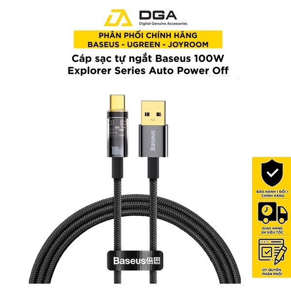 Cáp tự ngắt 100W Baseus USB to Type C 100W Explorer Series Auto Power-Off Fast Charging Data Cable