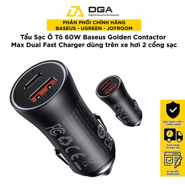 Tẩu Sạc Ô Tô 60W Baseus Golden Contactor Max Dual Fast Charger Car Charger