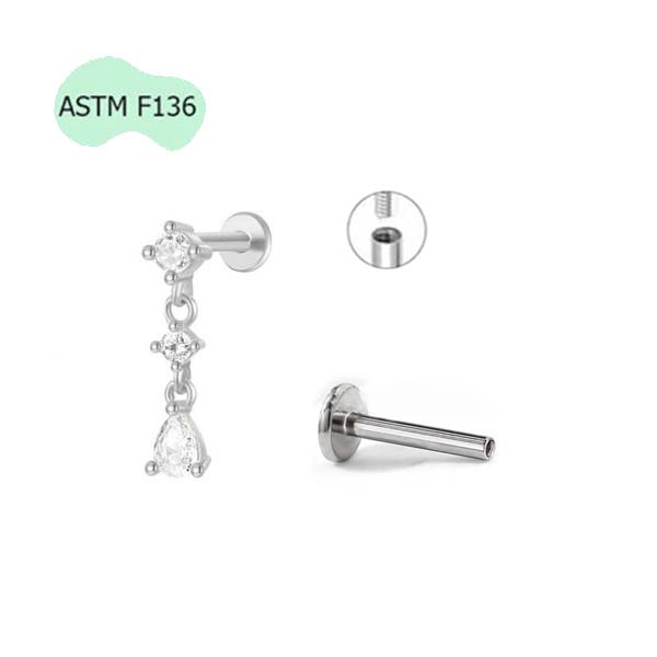 Bông tai tòn teng đính đá hình giọt nước -1.2*8mm