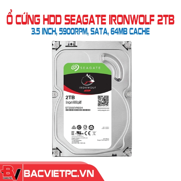 Ổ cứng HDD Seagate IronWolf 2TB 3.5 inch, 5900RPM, SATA, 64MB Cache (ST2000VN004)