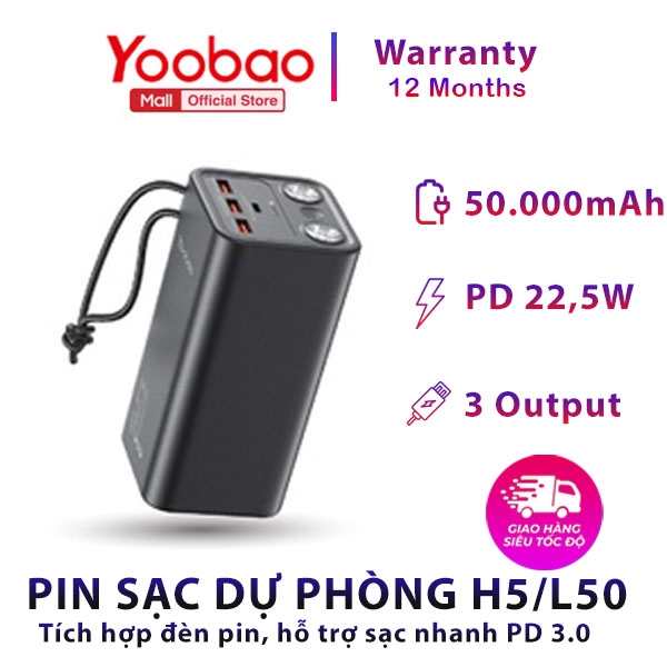 Pin sạc dự phòng Yoobao H5 50000mAh - Tích hợp đèn pin siêu sáng - Sạc nhanh cho điện thoại, macbook, laptop,... Thích hợp cho chuyến du lịch xa, công tác,... - Hàng phân phối chính hãng - Bảo hành 12 tháng 1 đổi 1
