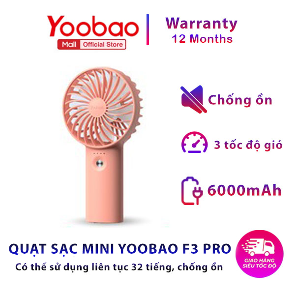 Quạt sạc tích điện mini cầm tay có thể đặt bàn Yoobao F3 3000/ 6000 mAh có thể chạy 15 giờ liên tục - Hãng phân phối chính thức- Bảo hành 12 tháng