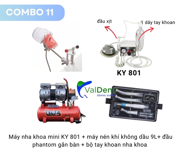 Combo11: Máy nha khoa mini+máy nén khí+Phantom gắn bàn+bộ tay khoan 2 nhanh và 1 chậm