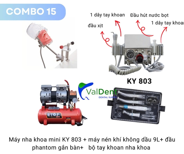 Combo15: Máy nha khoa mini+máy nén khí+Phantom gắn bàn+bộ tay khoan 2 nhanh và 1 chậm