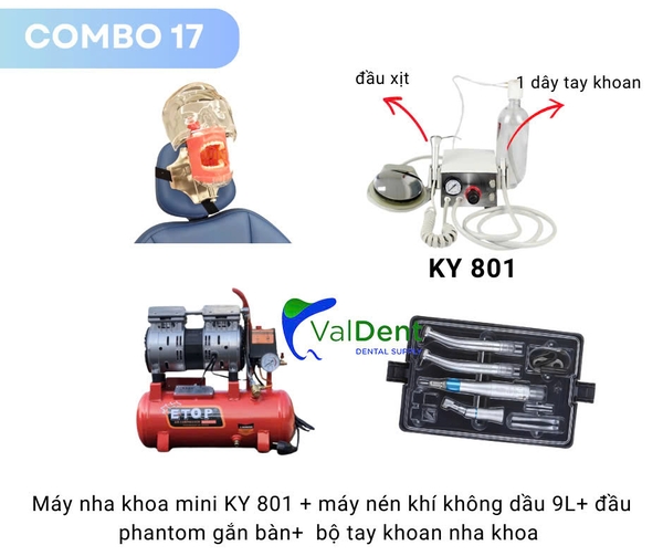 Combo17: Máy nha khoa mini+máy nén khí+Phantom gắn ghế răng+bộ tay khoan 2 nhanh và 1 chậm