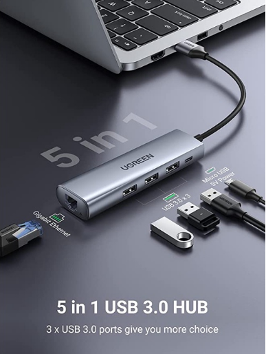 HUB USB UGREEN 5 EN 1 RJ45 - USB 3.0 X3 - USB-C (60554)