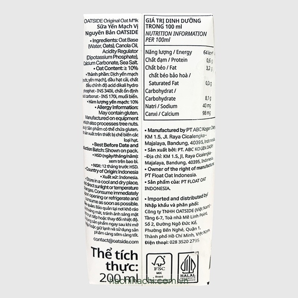 Sữa Yến Mạch Oatside 200ml