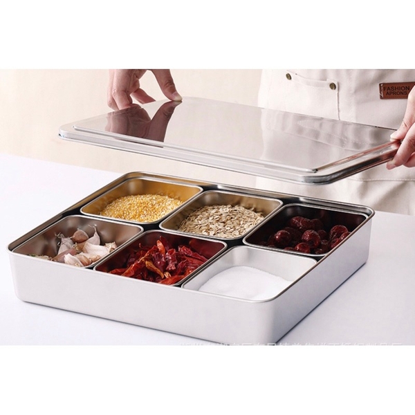 Khay inox đựng topping 6 ngăn kèm nắp