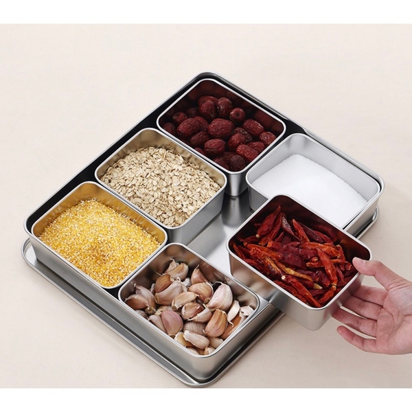 Khay inox đựng topping 6 ngăn kèm nắp