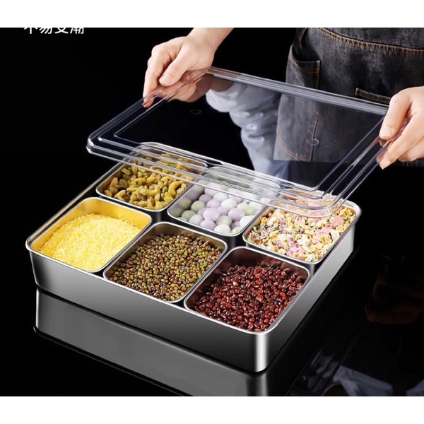 Khay inox đựng topping 6 ngăn kèm nắp