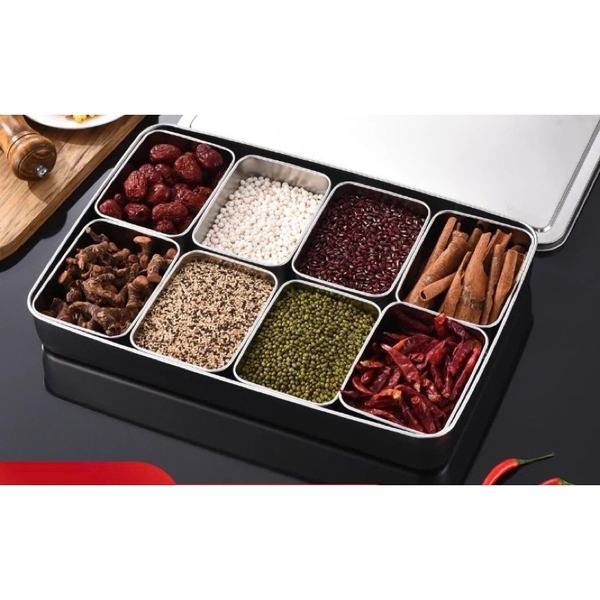 Khay inox đựng topping 6 ngăn kèm nắp