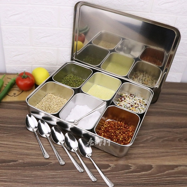 Khay inox đựng topping 6 ngăn kèm nắp