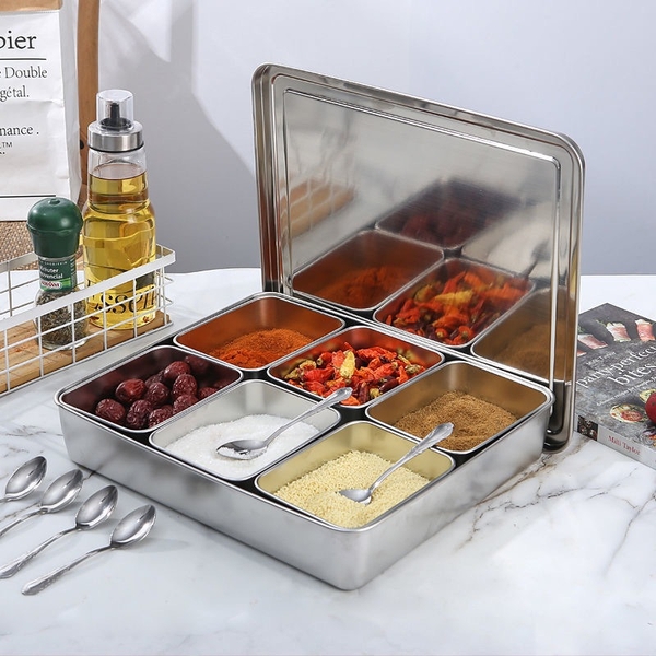 Khay inox đựng topping 6 ngăn kèm nắp