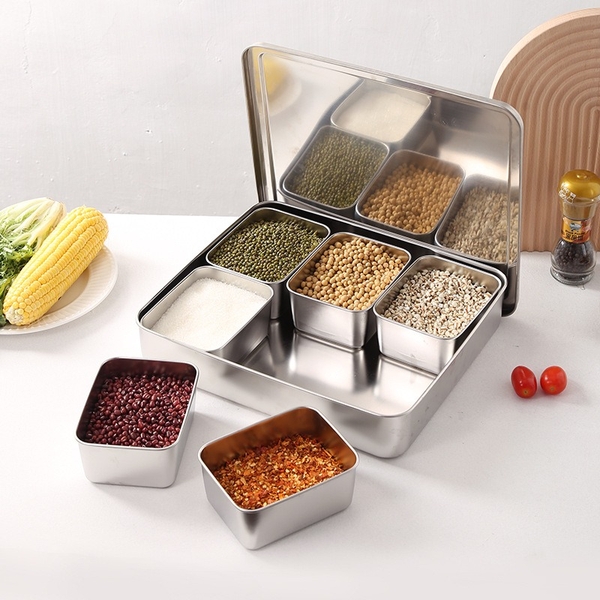 Khay inox đựng topping 6 ngăn kèm nắp