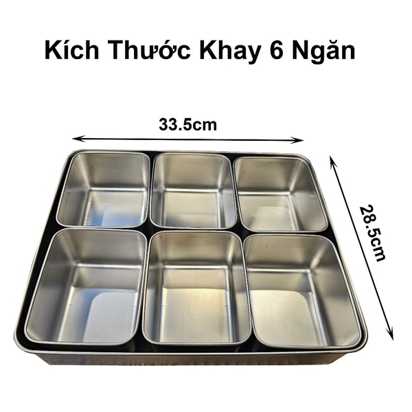 Khay inox đựng topping 6 ngăn kèm nắp
