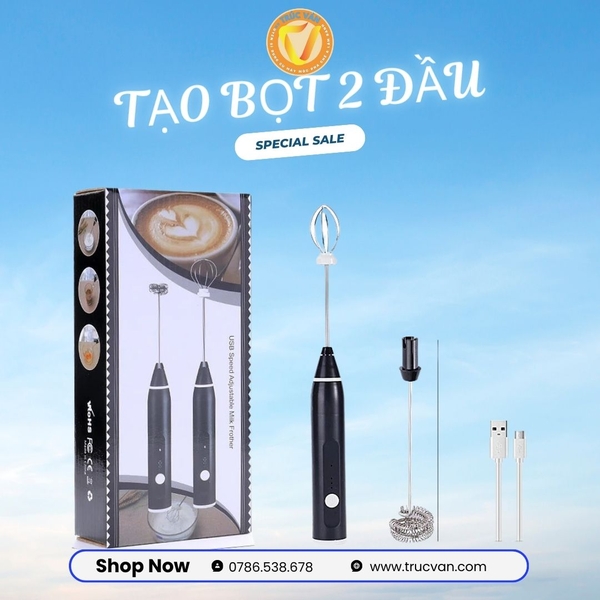 Máy tạo bọt sữa xạc USB 2 đầu loại đầu khuấy cafe và đánh trứng