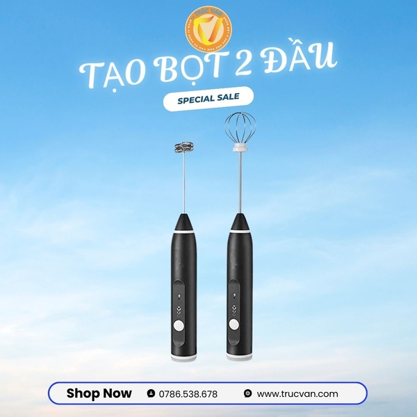 Máy tạo bọt sữa xạc USB 2 đầu loại đầu khuấy cafe và đánh trứng