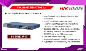 Hikvision Switch POE GIGABIT 16 cổng PoE 1000M,  1 cổng SFP độc lập 1000M , 1 cổng RJ45 1000M, Layer 2 DS-3E0518P-E