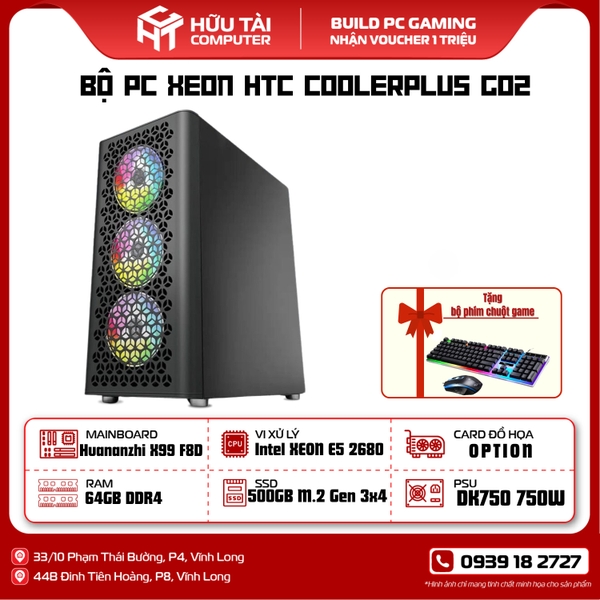 PC HTC XEON COOLERPLUS CPC G02 (MAIN HUANANZHI X99 F8D, CPU INTEL XEON E5 2680, Ram 64GB, SSD 500GB M.2 Gen 3x4, PSU DK750 750W)