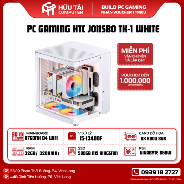 PC GAMING HTC JONSBO TK-1 WHITE (Main  B760 D4 ITX WIFI,  I5-13400F, RAM 32GB , SSD 500GB,  NGUỒN 650W, VGA RX6600, CASE JONSBO TK-1)