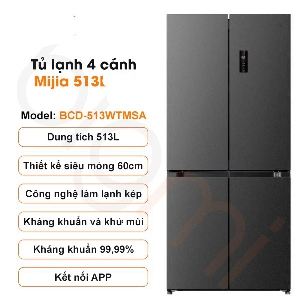 Tủ lạnh 4 cánh Xiaomi Mijia 513L – Có ngăn đông mềm, kháng khẩn 99,99%