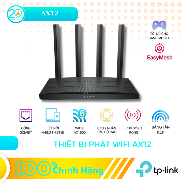 Thiết bị thu phát vô tuyến băng tần 2,4/5 GHz, hiệu TP-LINK, Archer AX12